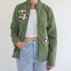 Vintage Christopher Banks Green Penguin Snowflake Polar Bear Embroidery Sweate M